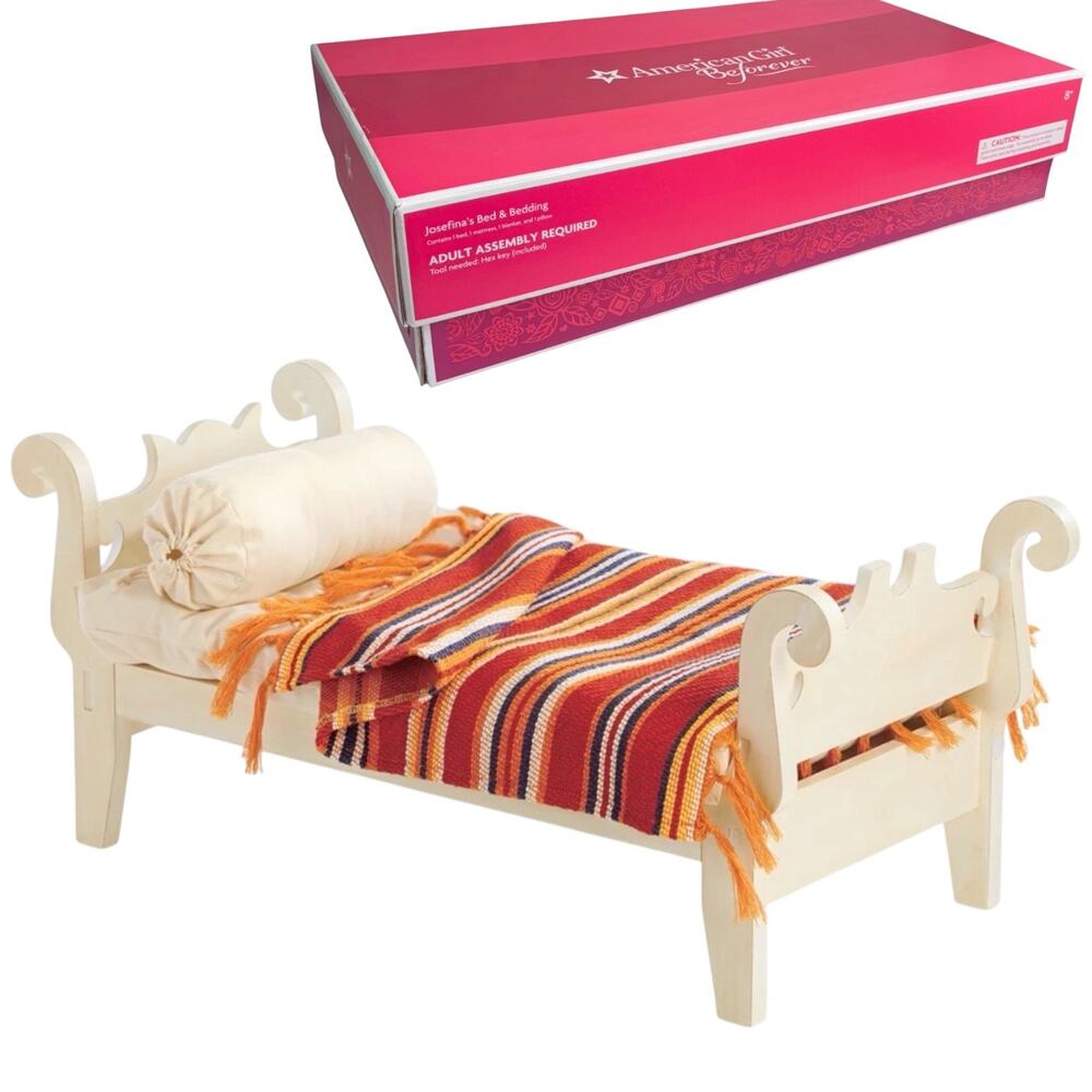 American Girl Josefina Bed Bedding White Doll Sleigh Bed Wooden Striped Blanket